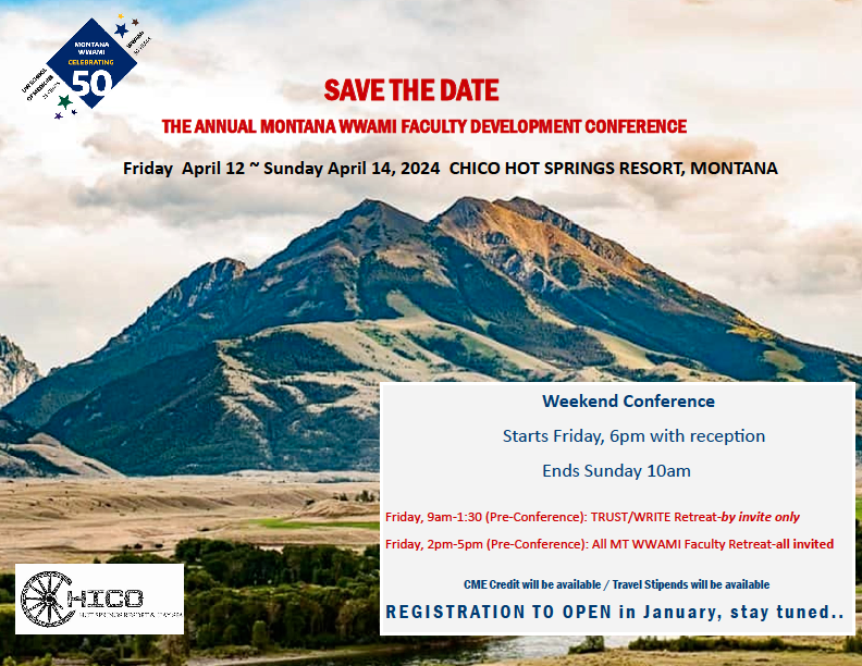 Save the date for Montana WWAMI Faculty Development Conference, set in front of mountain background.