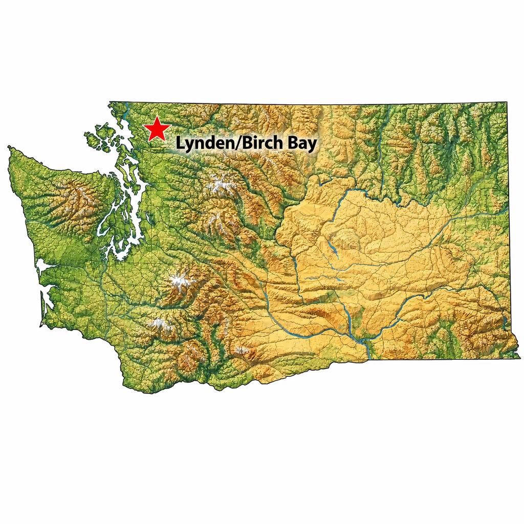Map of Washington with a red star in the north western corner indication the location of Lynden/Birch Bay