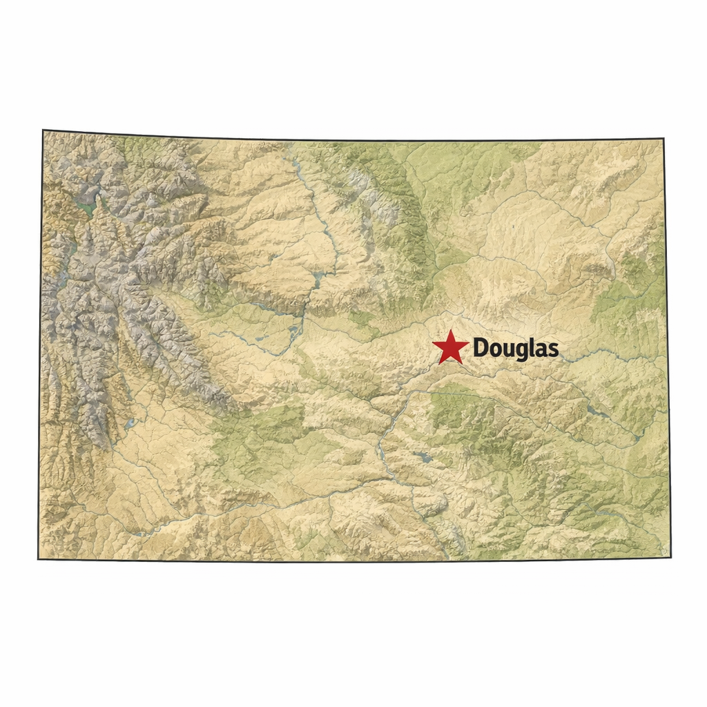 Map of Wyoming with a red star in the central eastern region indicating the location of Douglas