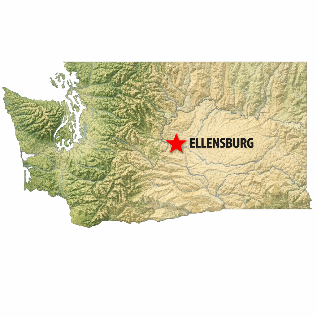 Map of Washington with a red star in central Washington indicating the location of Ellensburg