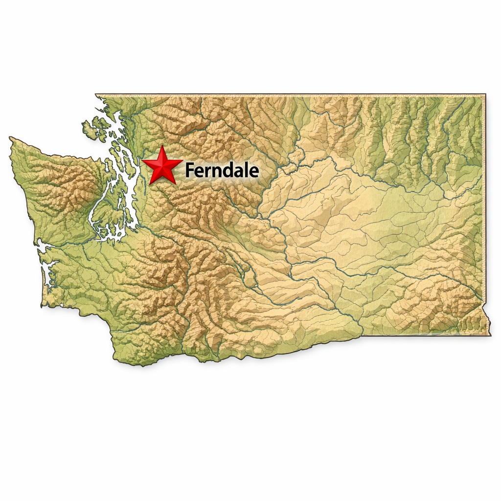 Map of Washington with a red star in the northwestern region indicating the location of Ferndale