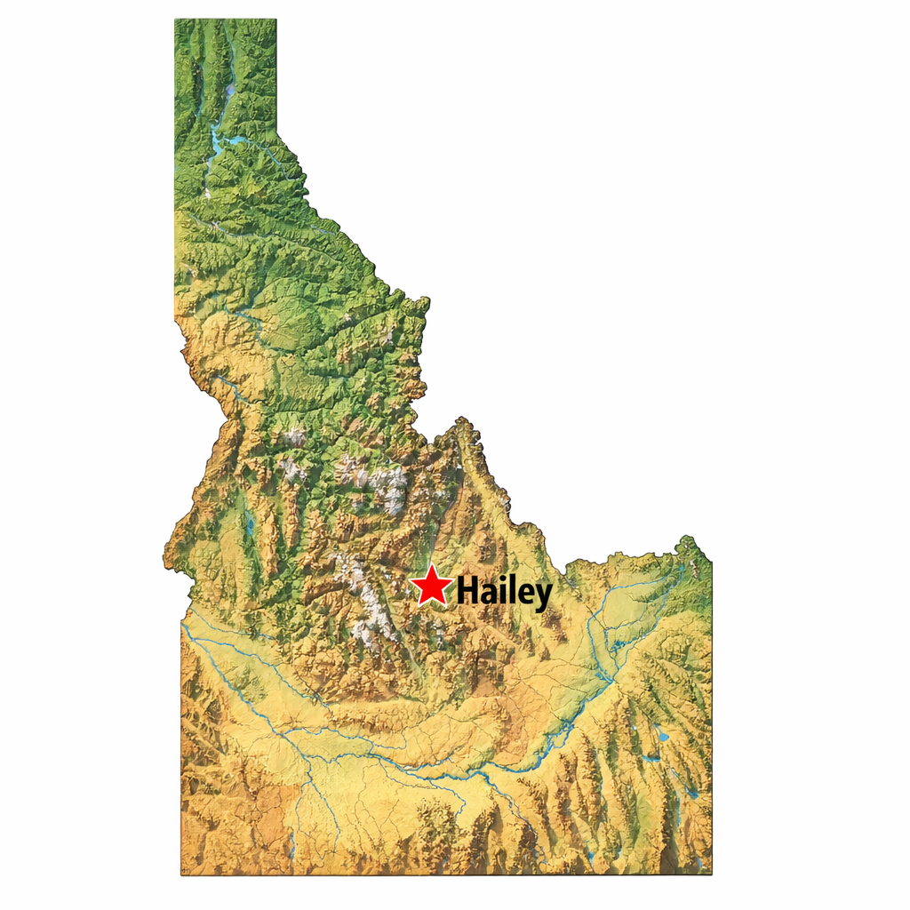 Map of Idaho with a red star in the central region indicating the location of Hailey