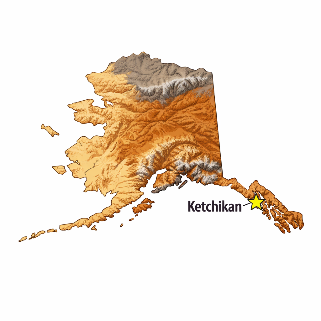 Map of Alaska with a yellow star indicating the location of Ketchikan..