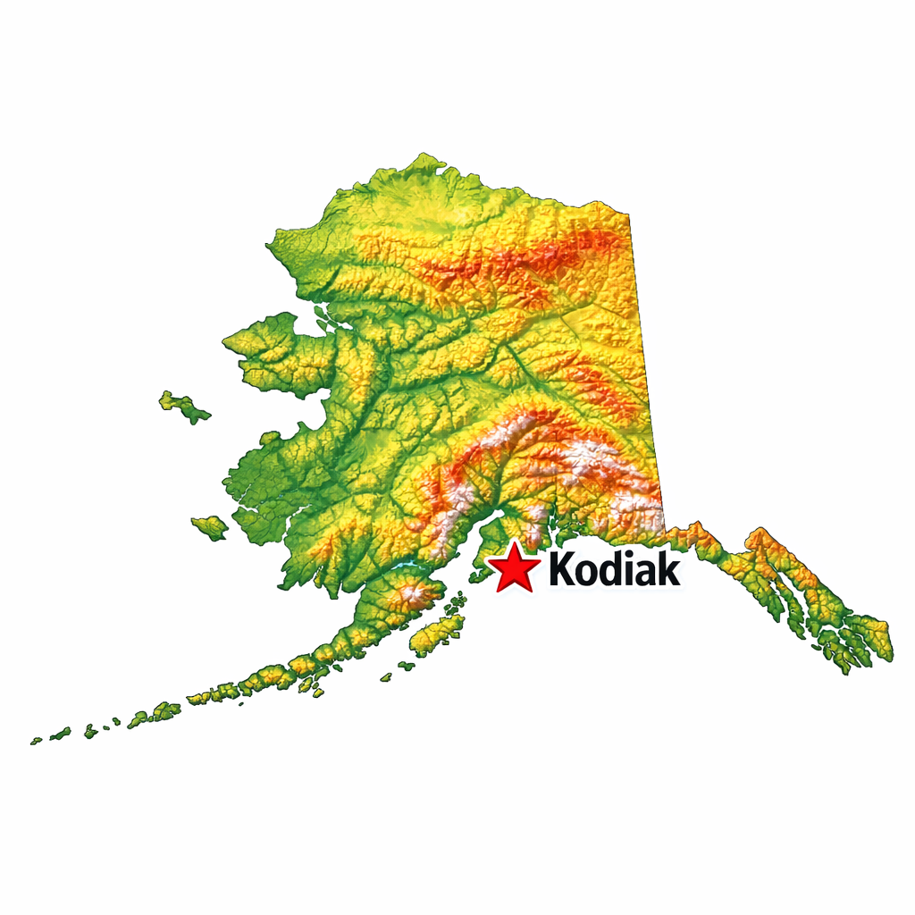 Map of Alaska with a red star indicating the location of Kodiak.