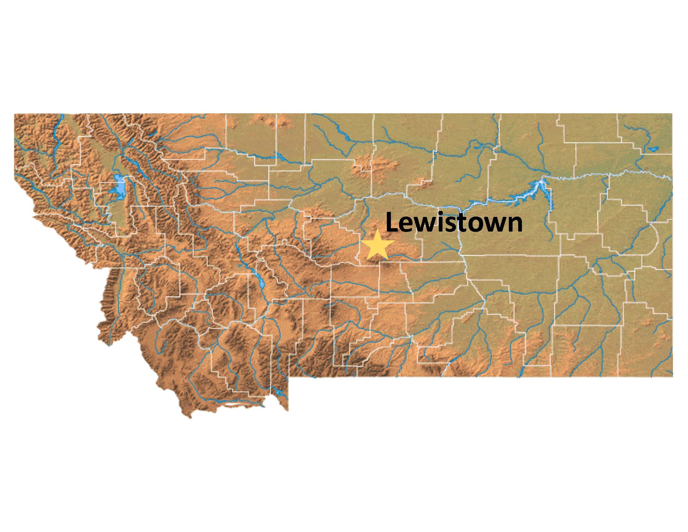 Map of Montana with a yellow star in the central region indicating the location of Lewistown