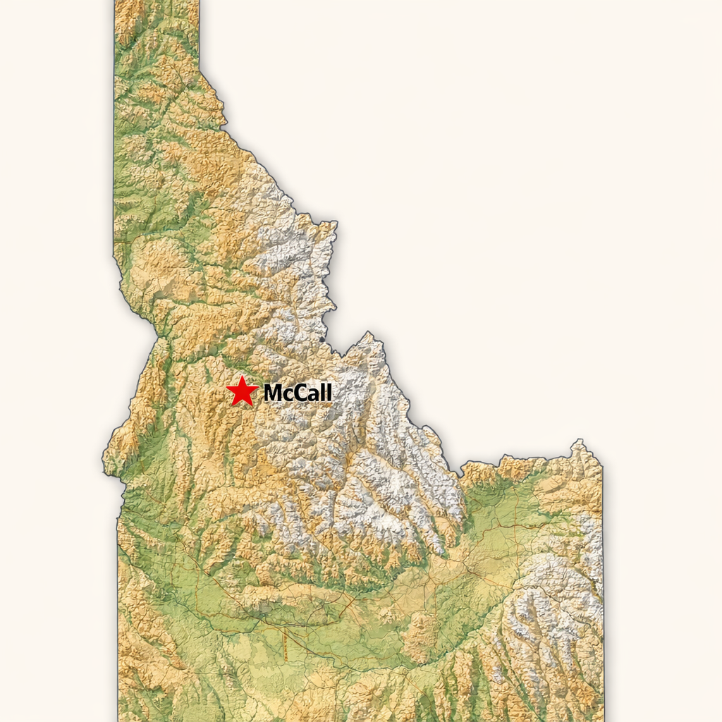 Map of Idaho with a red star in the central region indicating the location of McCall