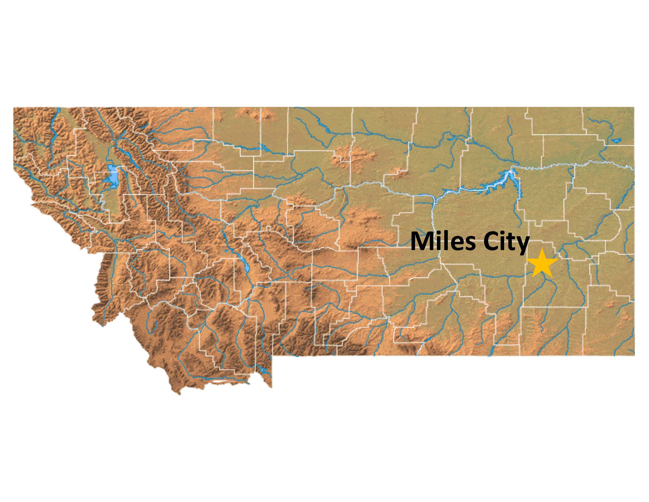 Map of Montana with a yellow star in the central eastern region indicating the location of Miles City