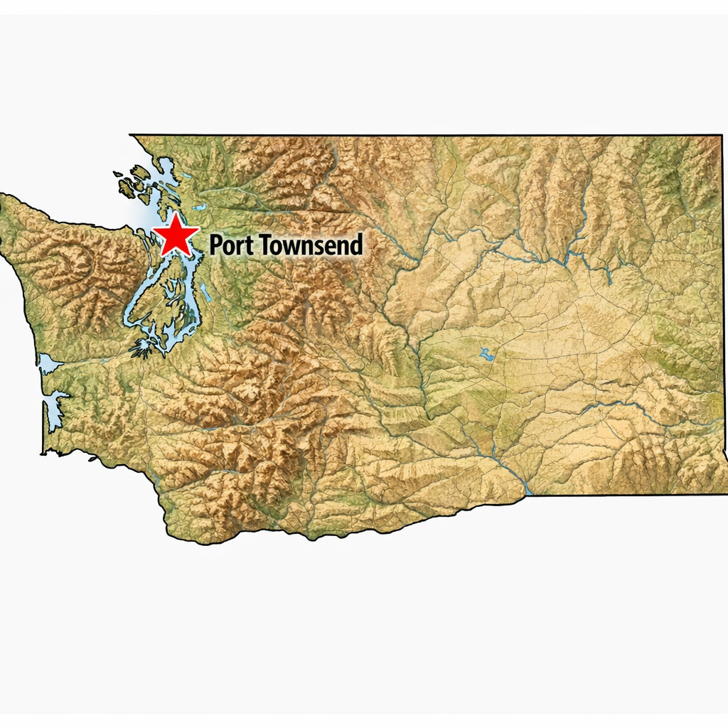 Map of Washington with a red star in the central western region indicating the location of Port Townsend