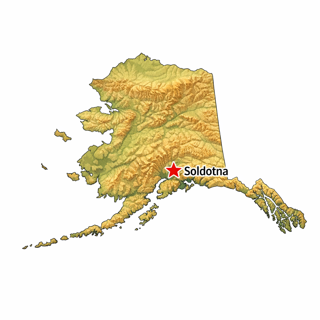 Map of Alaska with a red star indicating the location of Soldotna.