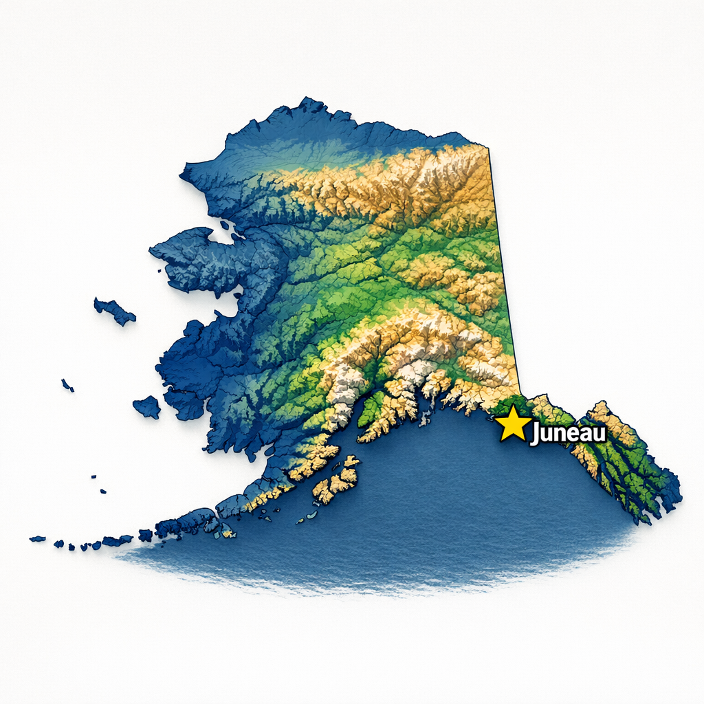 Map of Alaska with a yellow star indicating the location of Juneau..