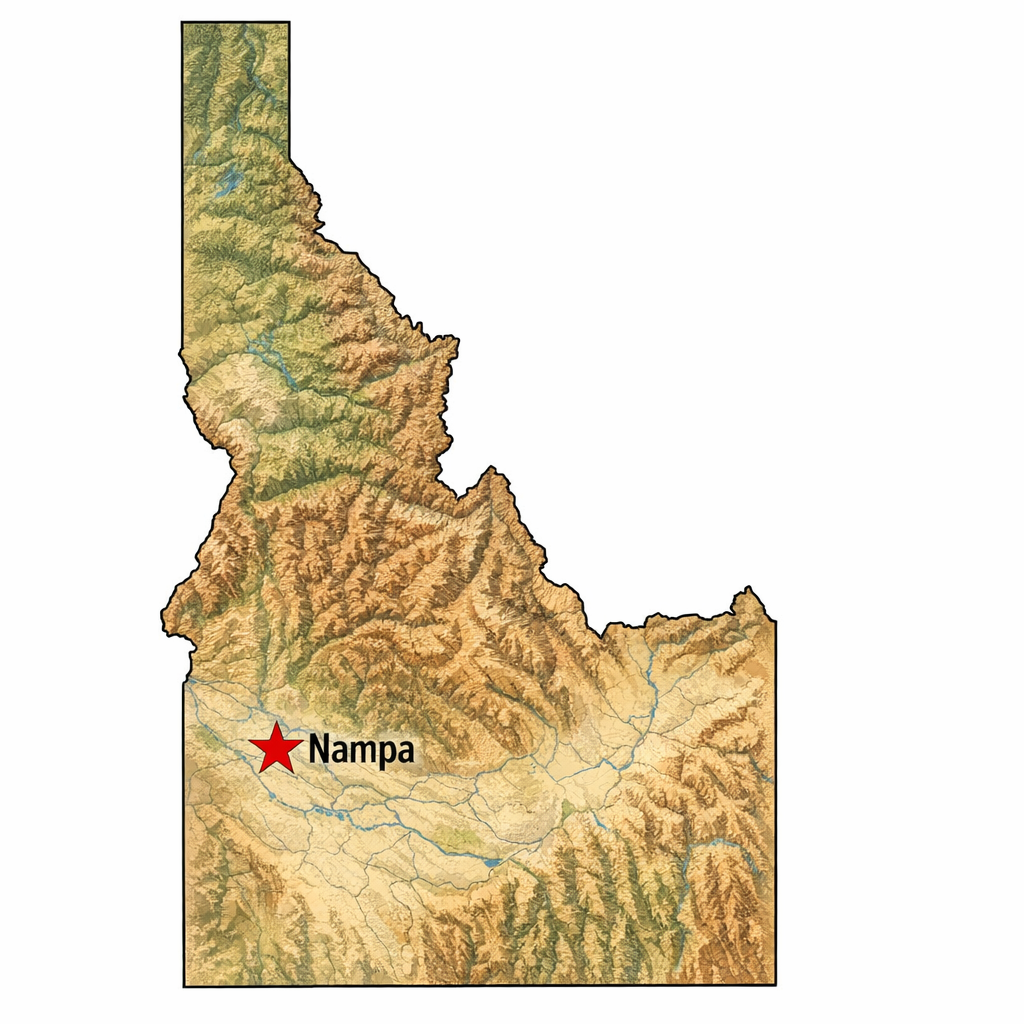 Map of Idaho with a red star in the central western region indicating the location of Nampa