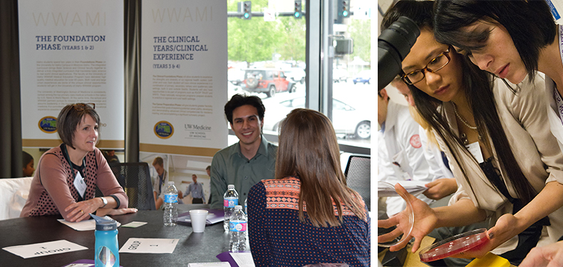 A collage of two photos. Left: notes from Foundations of Clinical Medicine are displayed on a whiteboard. Right: Dr. Ajit Limaye is teaching microbiology to a student