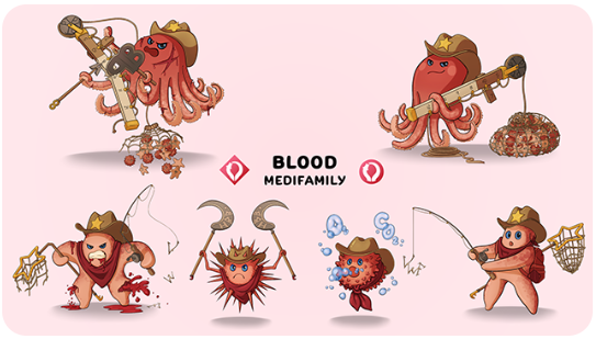 drawings of some of the Medimon monsters representing information about blood