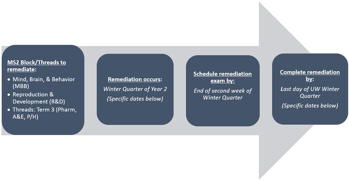 Visual timeline showing the list of courses and threads included in MS2 remediation; that remediation takes place during Winter Quarter; that the remediation exam must be scheduled by the end of the second week of Winter Quarter; and that remediation must be completed by the end of UW Winter Quarter.