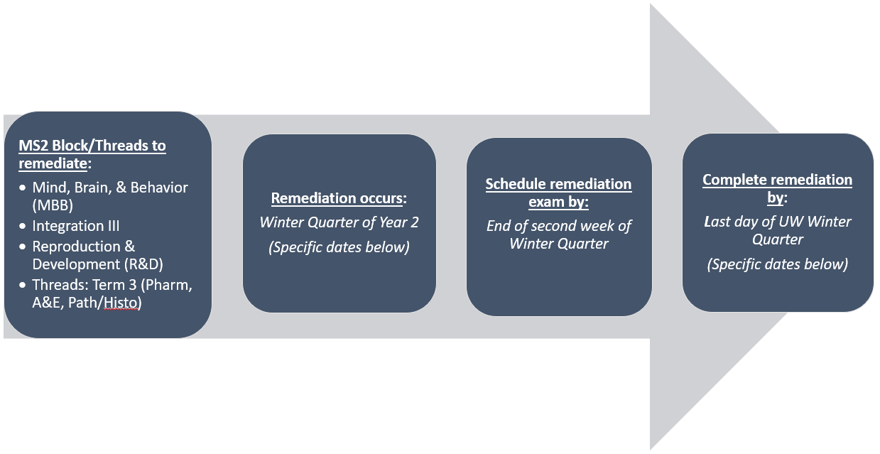 A visual timeline showing a list of courses and threads included in MS2 remediation, that MS2 remediation occurs during Winter Quarter, and the timeline to schedule and complete remediation exams.