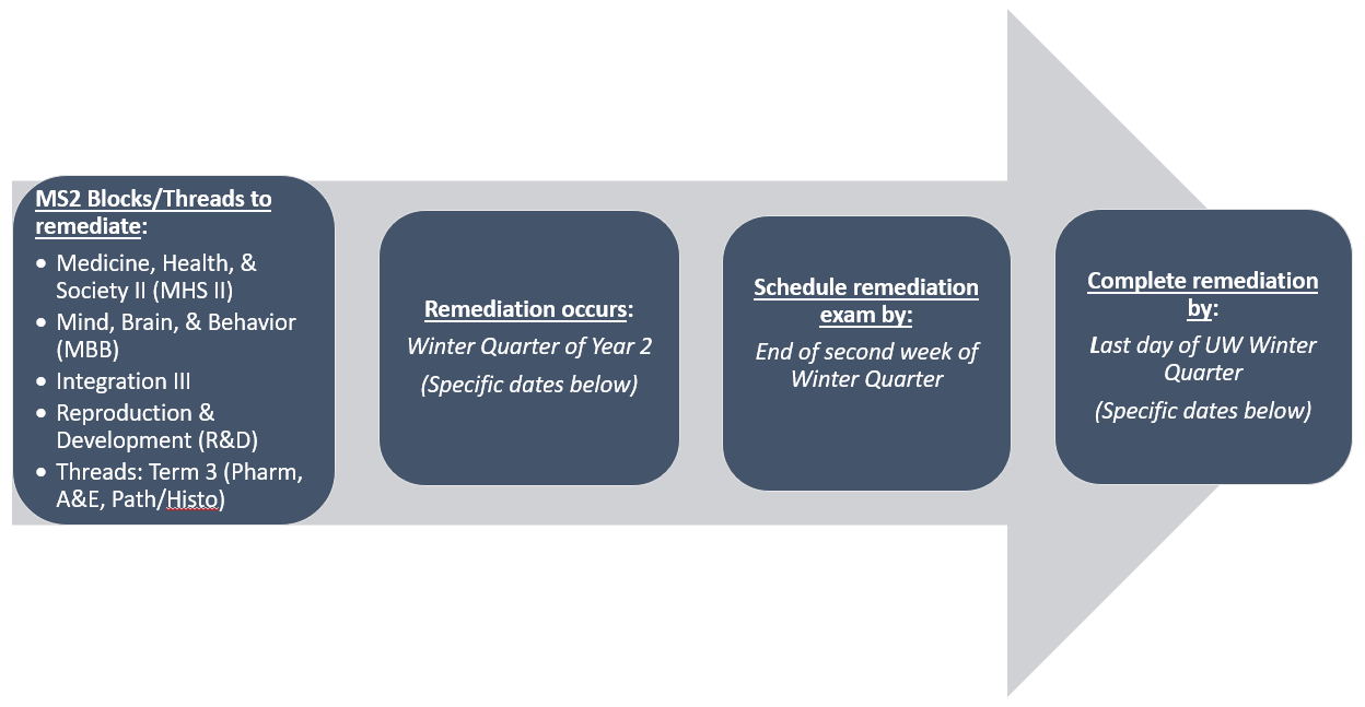 A visual timeline showing a list of courses and threads included in MS2 remediation, that MS2 remediation occurs during Winter Quarter, and the timeline to schedule and complete remediation exams.