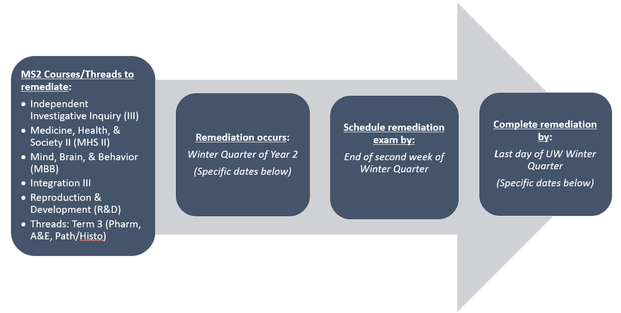 A visual timeline showing which MS2 courses/threads are remediated in Winter Quarter and high-level dates for remediation.