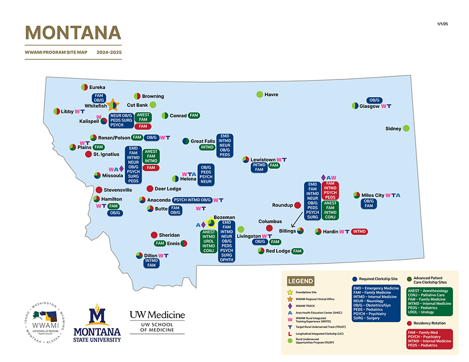 2024-25 Montana WWAMI map of training sites.