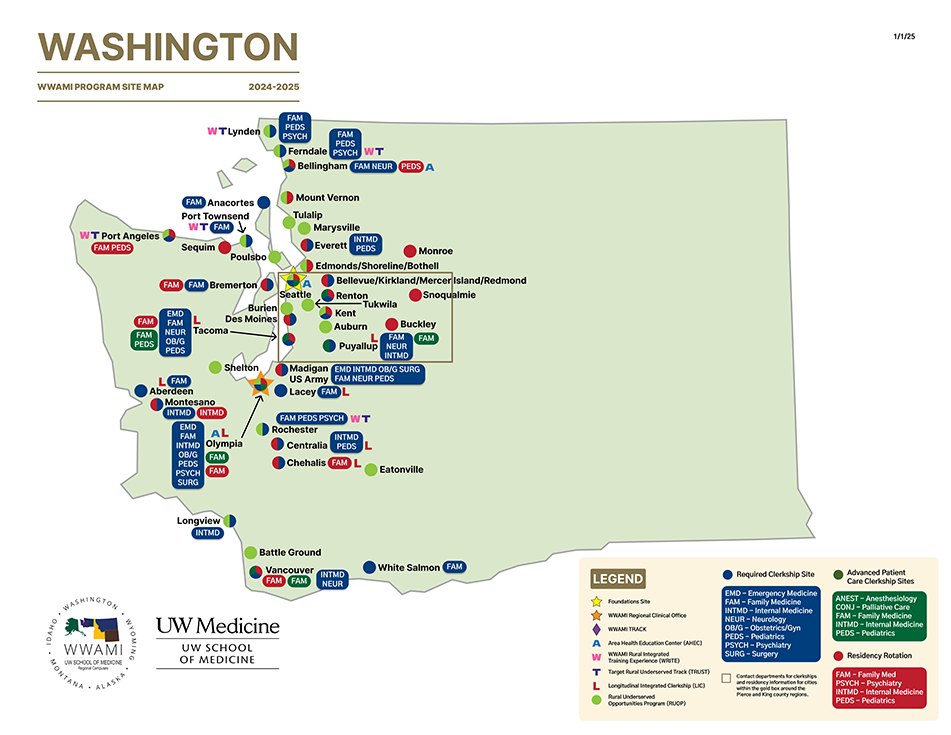 WWAMI Map of Western Washington training sites.