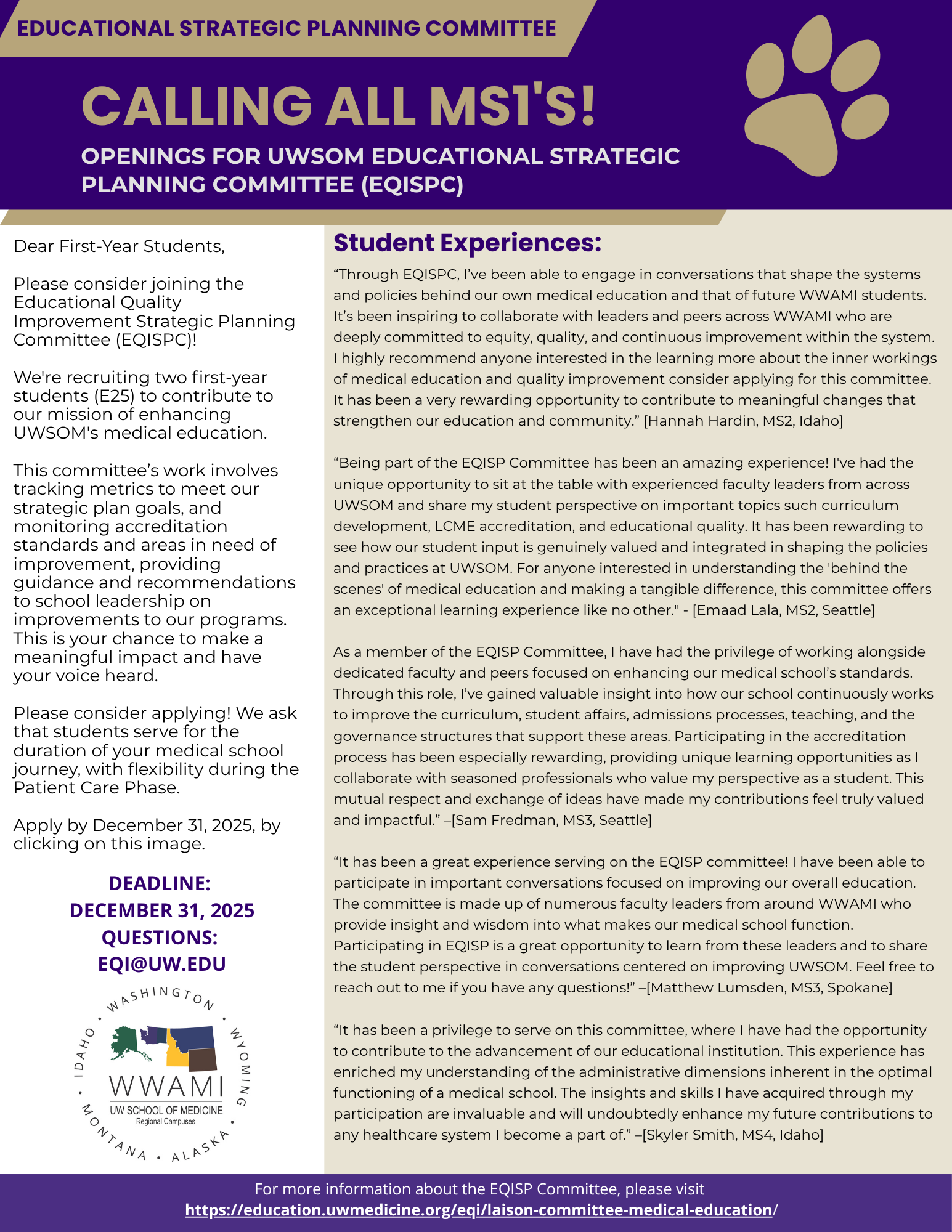 A graphic inviting people to apply for the Educational Strategic Planning Committee. Email uwsomcom@uw.edu for a full transcript. 