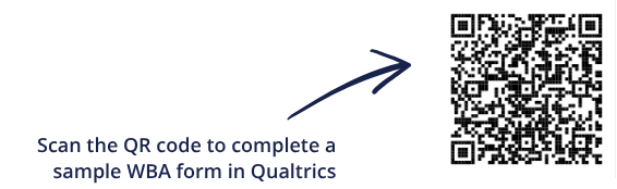 A QR code with the text "Scan the QR code to complete a sample WBA form in Qualtrics" that links to https://uwsom.co/MedicalStudent_WBA