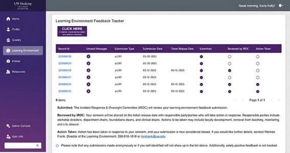 A screenshot of the feedback tracker