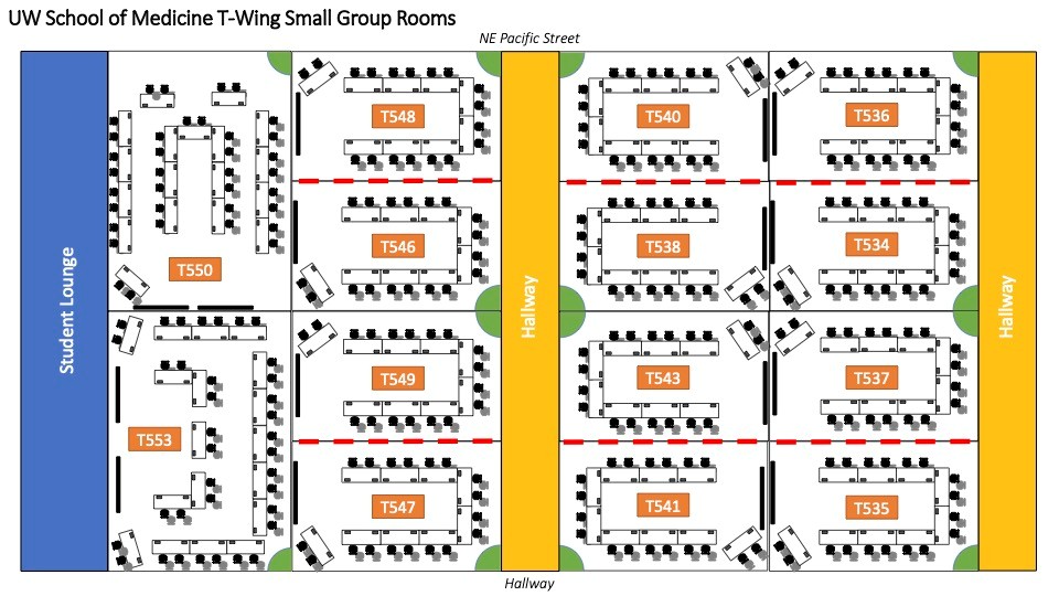 Floor plan of UW School of Medicine T-Wing small group rooms with labeled seating and hallways