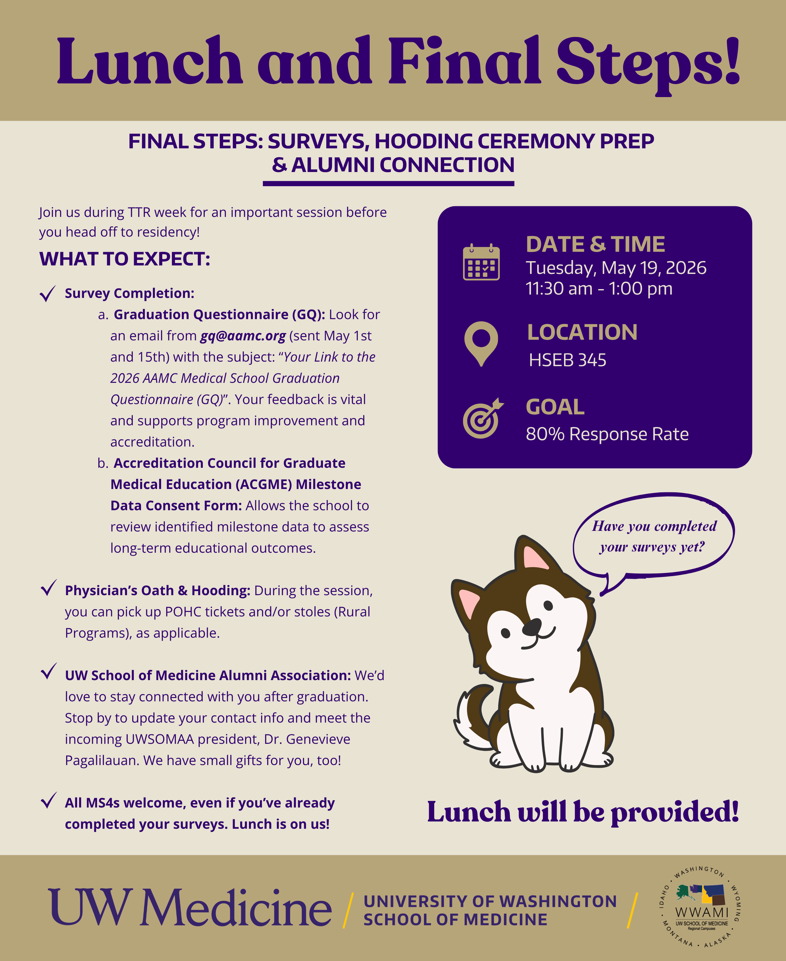 A flyer for the free Transition to Residency week lunch in Seattle on May 19