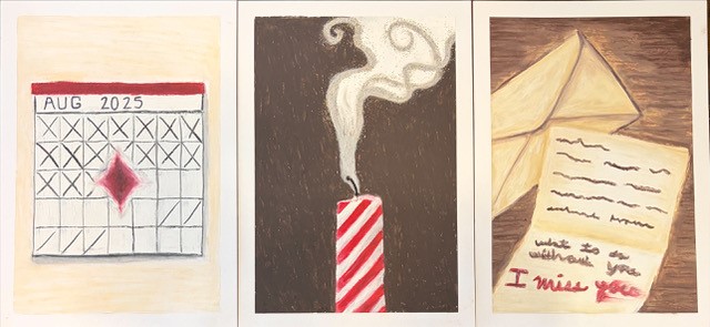 A triptych of artworks: on the left is a calendar with a hole in the middle; in the middle is a candle that has been extinguished but continues to emit smoke; on the right is a letter