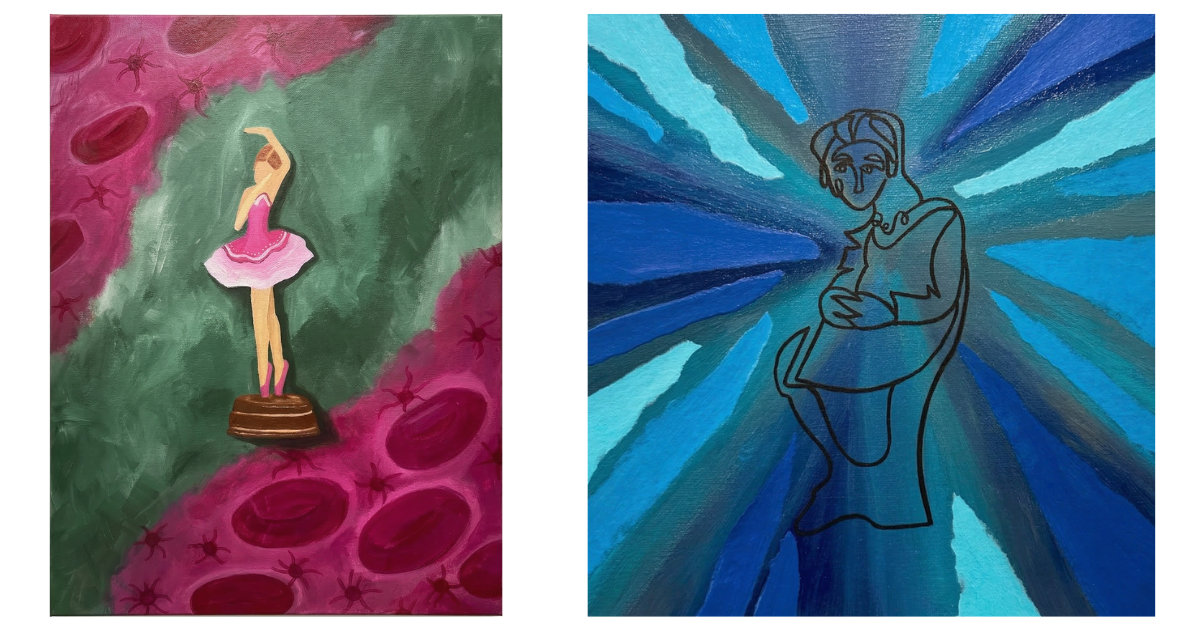 Two works of art: on the left, a piece featuring a ballerina en pointe surrounded by a sickly green color, with red streaks full of cells on either side; on the left, a piece featuring a person holding their abdomen surrounded by different shades of blue