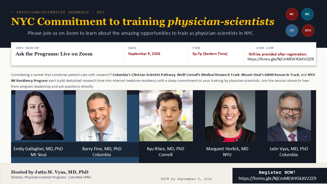 A flyer for a NYC Physician Scientist Training Program webinar