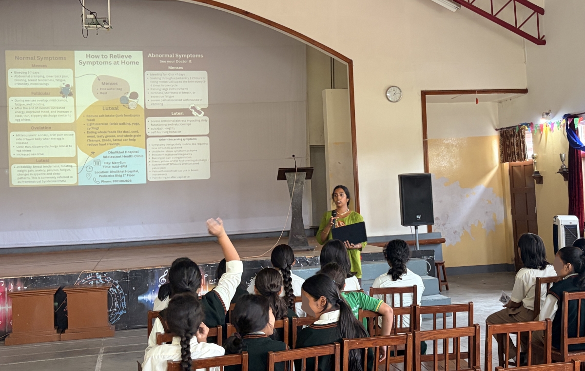 Bhargavi Pochi leads a focus group for her menstrual wellness pamphlet with a group of Nepali schoolgirls
