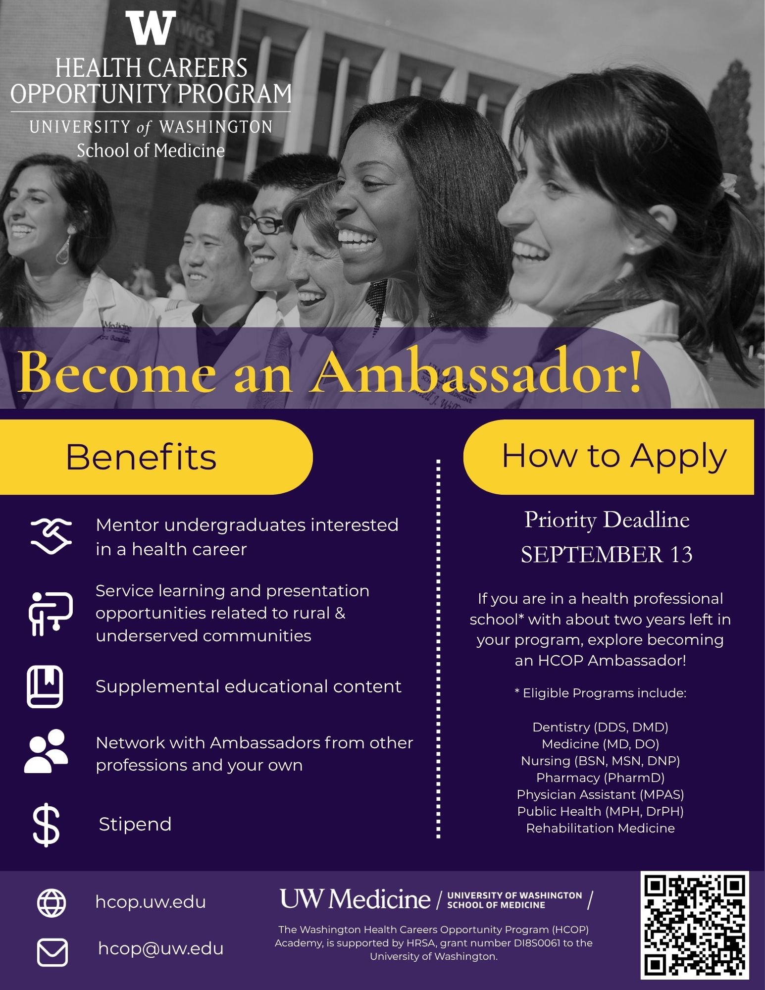 A flyer advertising the UW Health Career Opportunities program ambassador role
