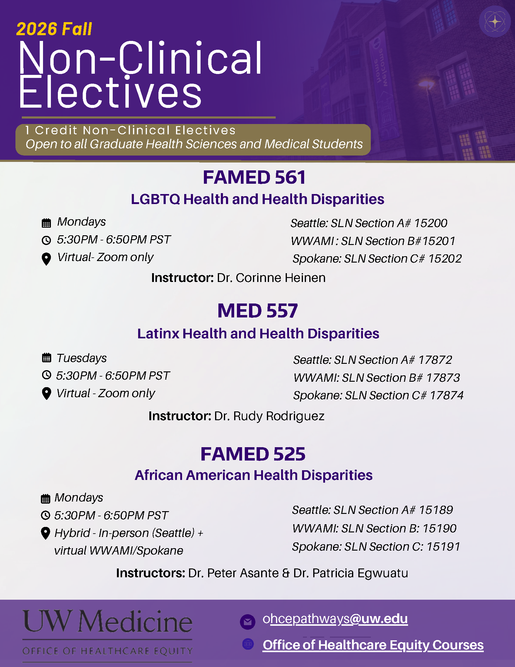A flyer outlining the non-clinical electives offered by the Office of Healthcare Equity in Fall 2026