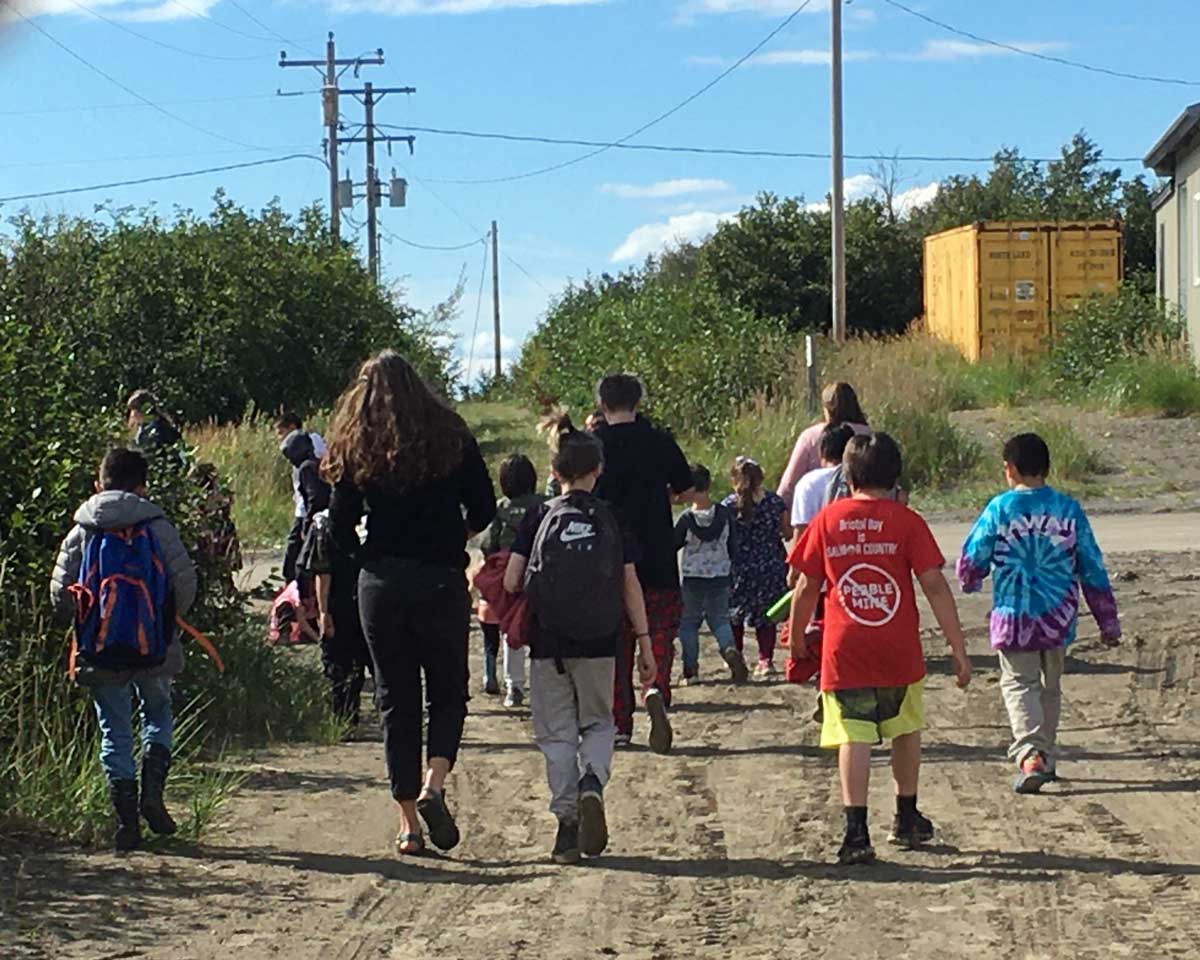 children walking to a location for the safety jamboree